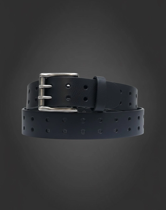 Crafted from durable full-grain leather, this belt features a distinctive double-hole design that runs the length of the strap, offering both visual appeal and a secure fit. Its bold yet versatile look pairs effortlessly with jeans and casual outfits. Made from a single solid piece of leather, this belt avoids bonded or layered materials entirely. This construction helps reduce stretching and prevents cracking around the holes, ensuring dependable performance through years of wear. The leather is taken directly from the hide and carefully handcrafted to maintain its natural strength and character. Built for everyday use and long term durability, this belt is designed to age beautifully and become a timeless piece that can be worn for generations.